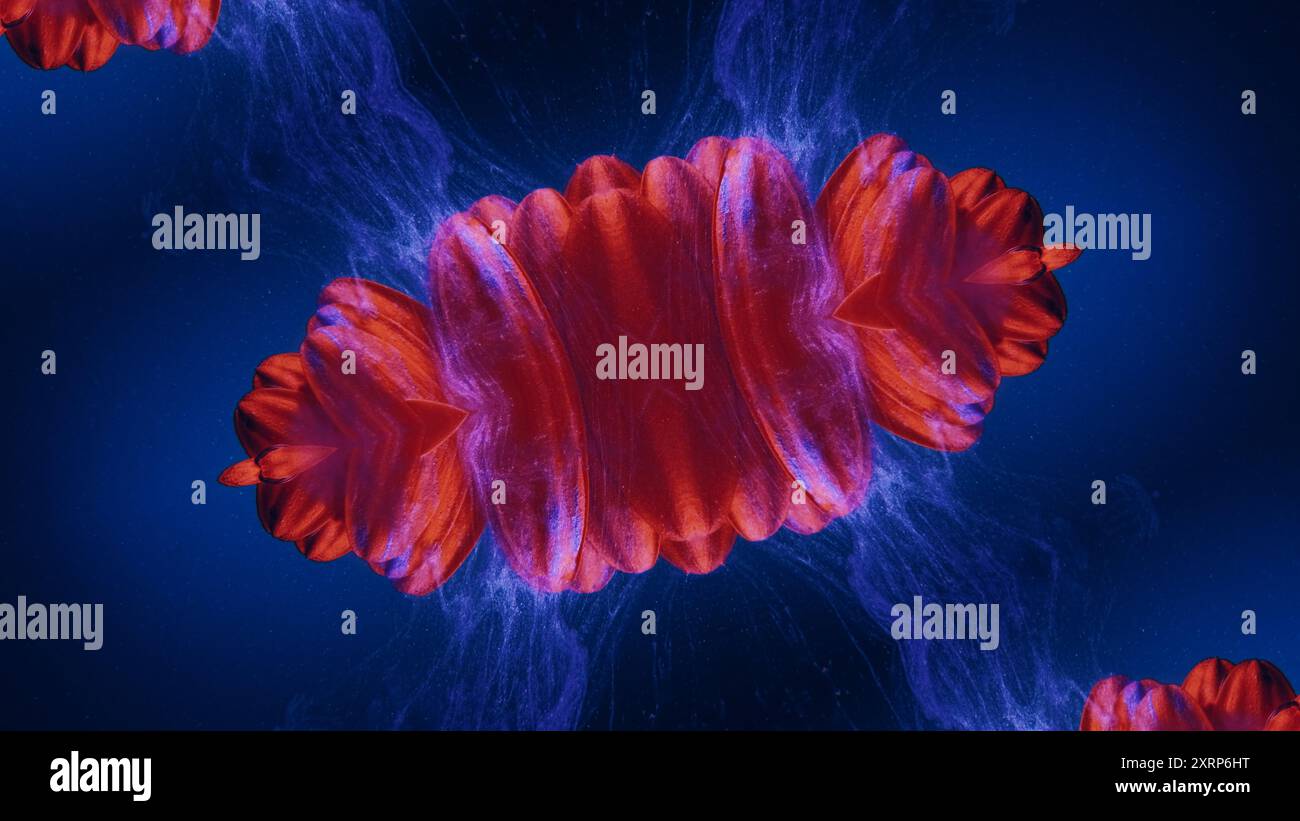 Design symétrique futuriste avec des vagues d'énergie bleu rouge vif décor moderne illustration d'art abstrait fond. Banque D'Images