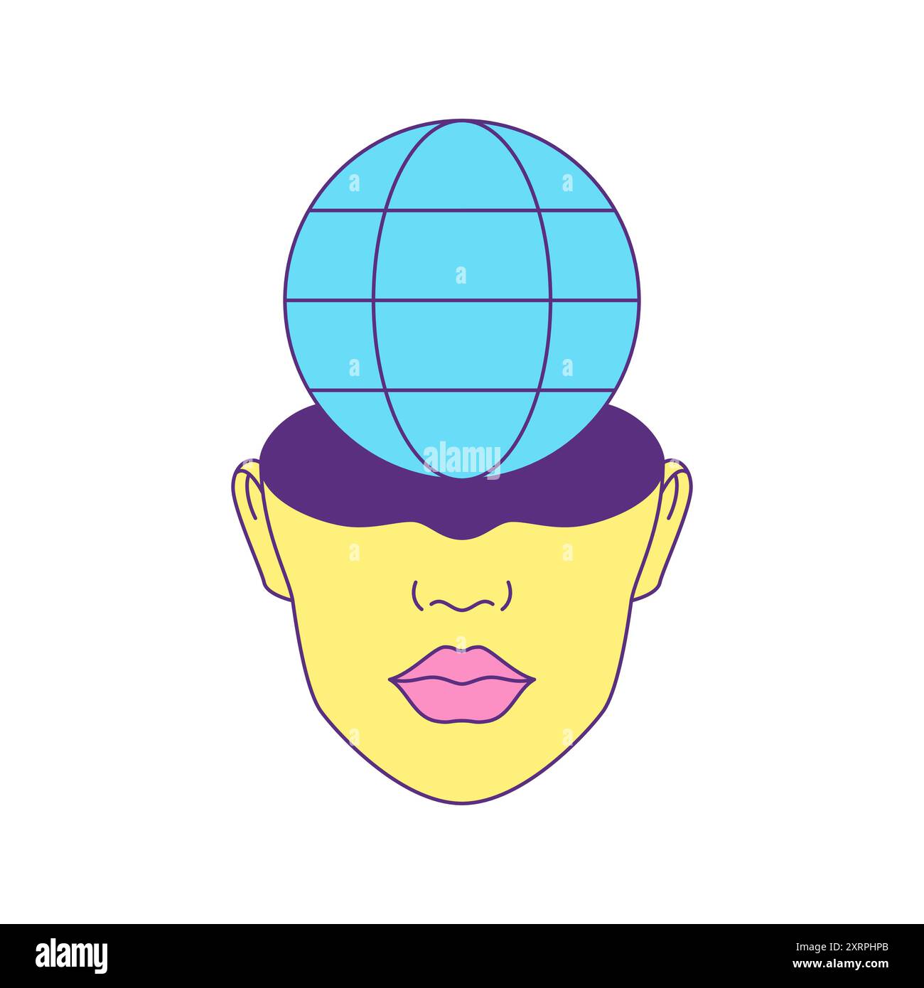 Tête humaine Y2K avec globe hi tech vision contemporaine icône pop art illustration plate vectorielle. Futuriste cyber numérique personne méditation imagination op Illustration de Vecteur