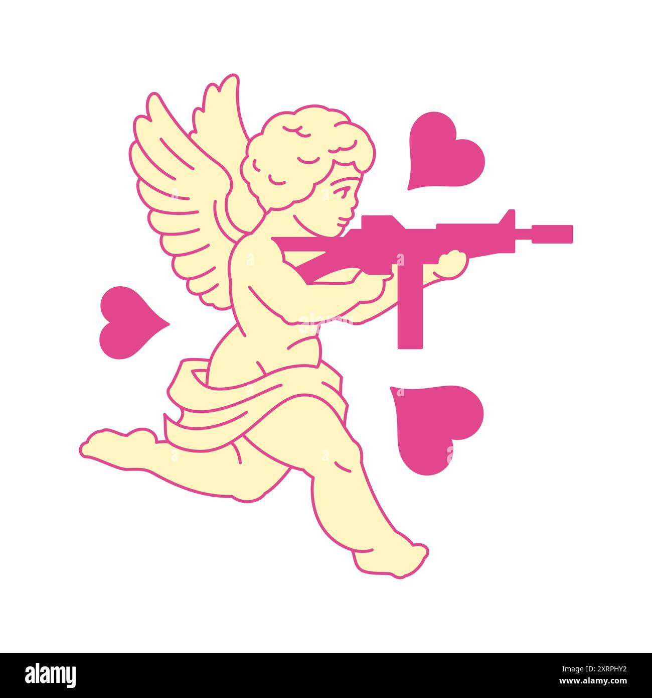 Y2K Cupid Love mitrailleuse tirant rose contemporain icône pop art illustration plate vectorielle. Bébé ange ailé du ciel avec arme et mignon romanti Illustration de Vecteur