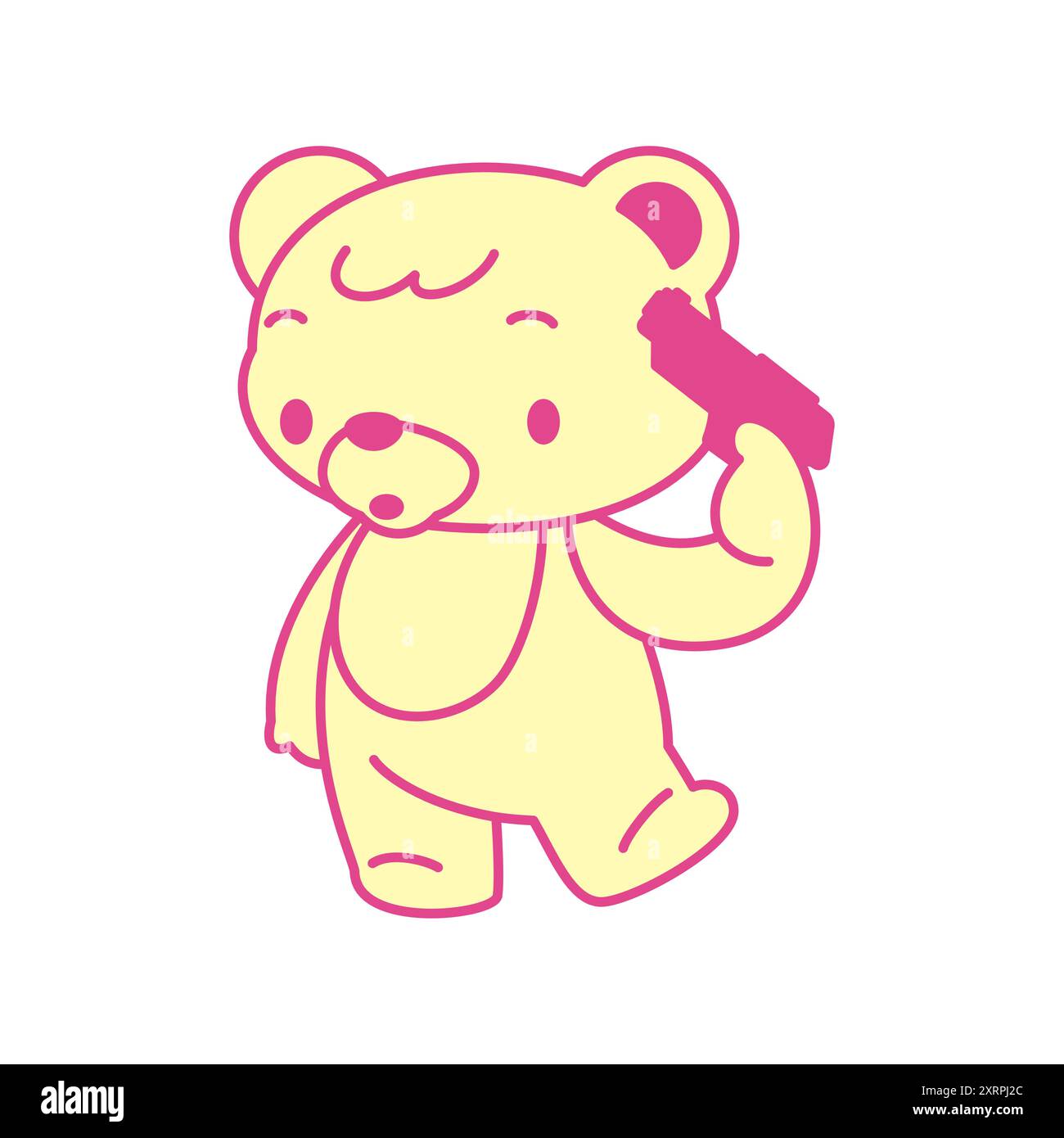 Y2K Kawaii Bear jouet pistolet de tir suicide à la tête groovy icône illustration plate vectorielle. Nounours psychédélique tuant vous-même personnage de dessin animé avec la main Illustration de Vecteur