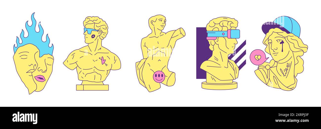 Y2K statues grecques antiques bustes monuments surréalistes pop art illustrations vectorielles ensemble. Psychédélique néo gothique mode Dieu déesse sculptures contemporaines Illustration de Vecteur