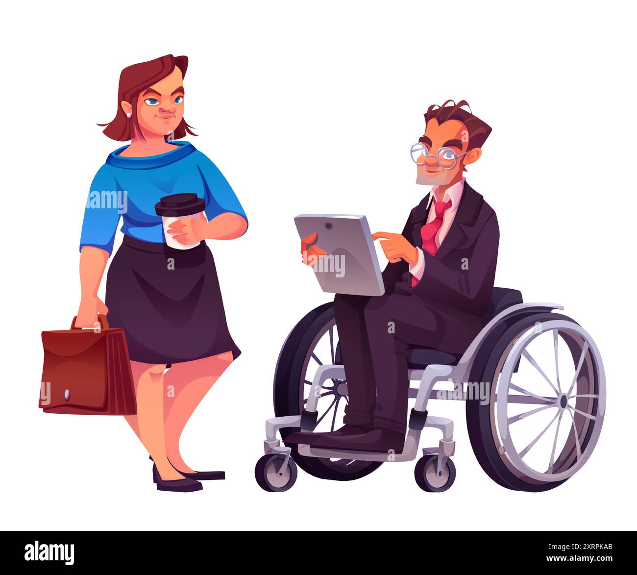 Divers gens d'affaires mis isolé sur fond blanc. Illustration vectorielle de dessin animé de la femme avec le syndrome de Down tenant la tasse à café, homme en fauteuil roulant à l'aide de la tablette, caractères d'inclusion, culture de l'égalité Illustration de Vecteur