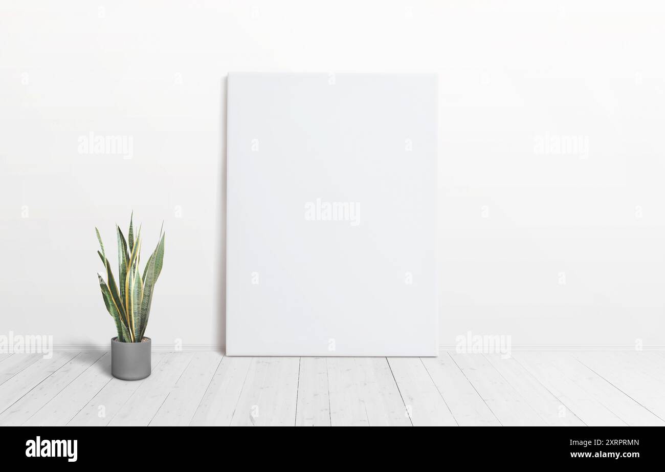 Toile d'art verticale contre le mur avec une plante sur le sol et plancher blanc en bois. Surface propre idéale pour la présentation d'art de maquette, parfaite pour sh Banque D'Images Toile d'art verticale contre le mur avec une plante sur le sol et plancher blanc en bois. Surface propre idéale pour la présentation d'art de maquette, parfaite pour sh Banque D'Images