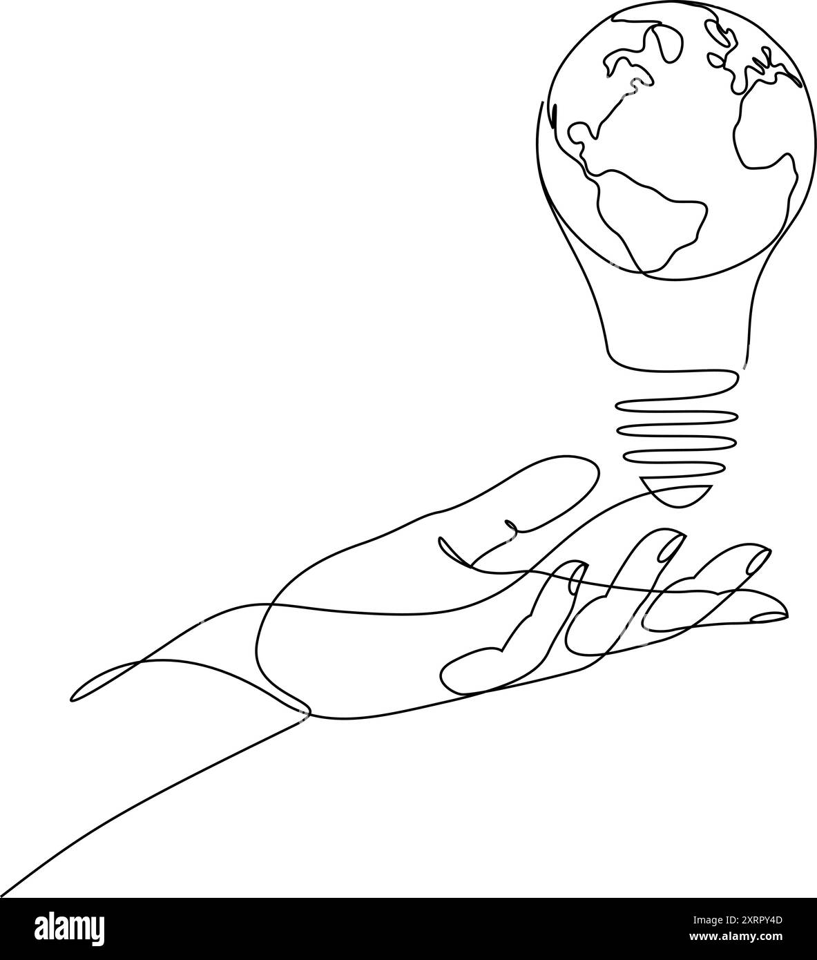 Dessin en ligne continue de la main humaine tenant l'ampoule avec globe terrestre à l'intérieur. Une ligne carte du monde dans l'illustration vectorielle de lampe avec trait modifiable Illustration de Vecteur