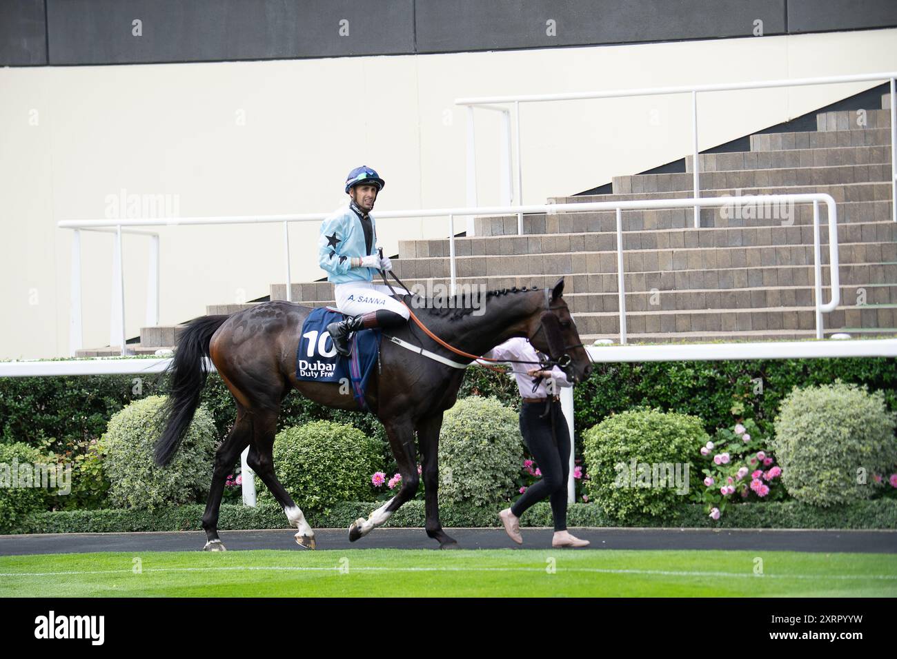 Ascot, Berkshire, Royaume-Uni. 10 août 2024. LE GRAND VISIR piloté par le jockey Alberto Sanna remporte une place dans la Dubai Duty Free Shergar Cup Stayers (handicap de classe 2) à la Dubai Duty Free Shergar Cup à l’hippodrome d’Ascot dans le Berkshire. Propriétaire Andy Bell & Fergus Lyons, entraîneur Ian Williams, Alvechurch, éleveur Qatar Bloodstock, Ecurie Monceaux & Skymarc, commanditaire Helicentreuk. Crédit : Maureen McLean/Alamy Banque D'Images