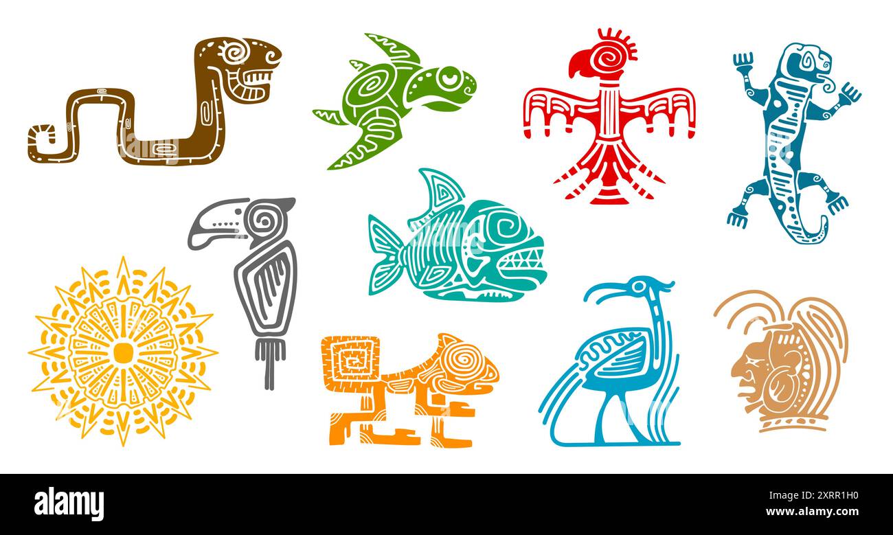 Ensemble de totems aztèques mayas, symboles tribaux d'animaux tels qu'un serpent, oiseau, tortue, poisson, écureuil, lézard, tête et soleil. Emblèmes mexicains stylisés vectoriels Illustration de Vecteur