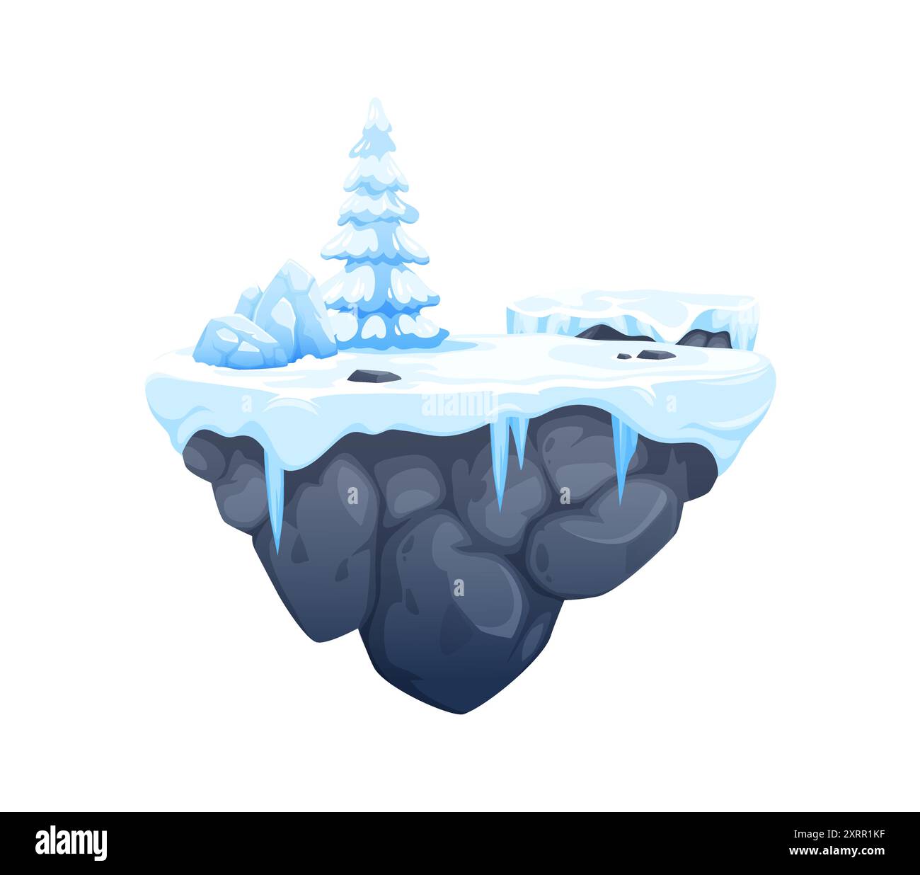 Plate-forme de jeu d'arcade avec glace et neige, actif de jeu de niveau hiver. Île ui flottante vectorielle avec des roches enneigées, des glaçons et de l'épinette. Plan de localisation int Illustration de Vecteur