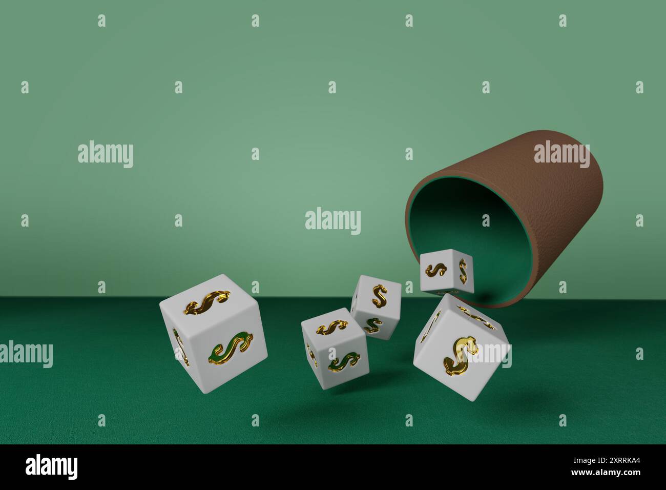 Dés de signe dollar roulant sur un tissu vert. illustration 3d. Banque D'Images