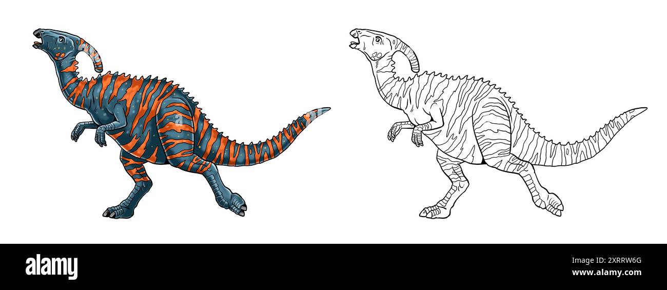 Coloriage avec le dinosaure herbivore Parasaurolophus. Banque D'Images