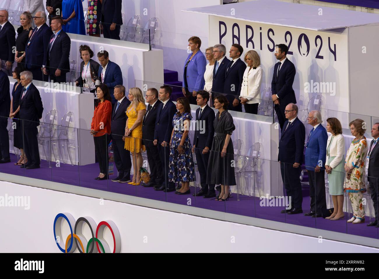 Emmanuel Macron Président de la République française, Thomas Bach Président du Comité international olympique Tony Estanguet cérémonie de clôture des Jeux Olympiques de Paris 2024 le 11 août 2024 au stade de France à Saint-Denis près de Paris, France - photo Gregory Lenormand/DPPI Media/Panoramic Credit : DPPI Media/Alamy Live News Banque D'Images