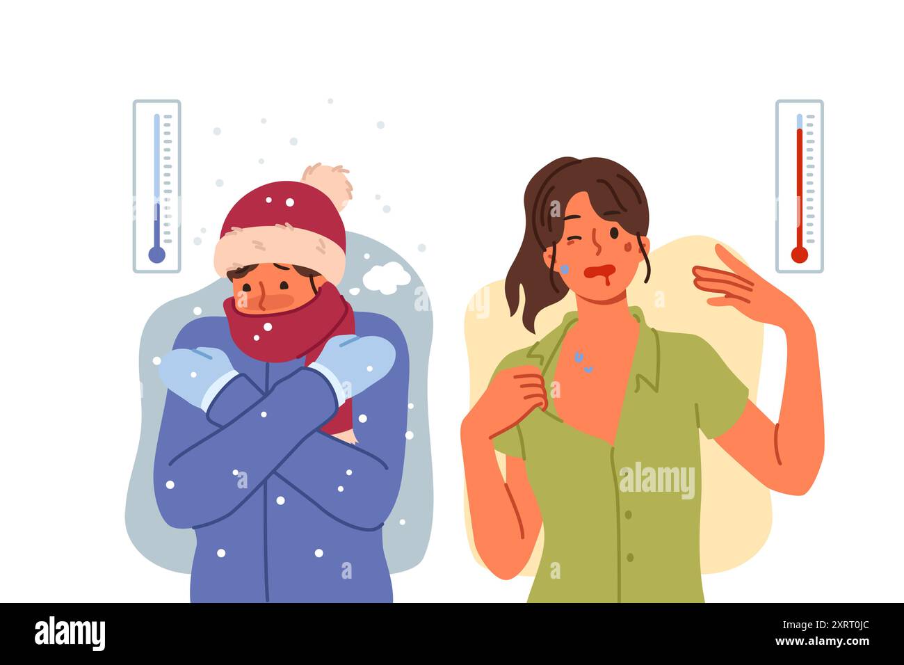 Les conditions météorologiques extrêmes causent des problèmes aux personnes souffrant du froid hivernal et de la chaleur estivale Illustration de Vecteur