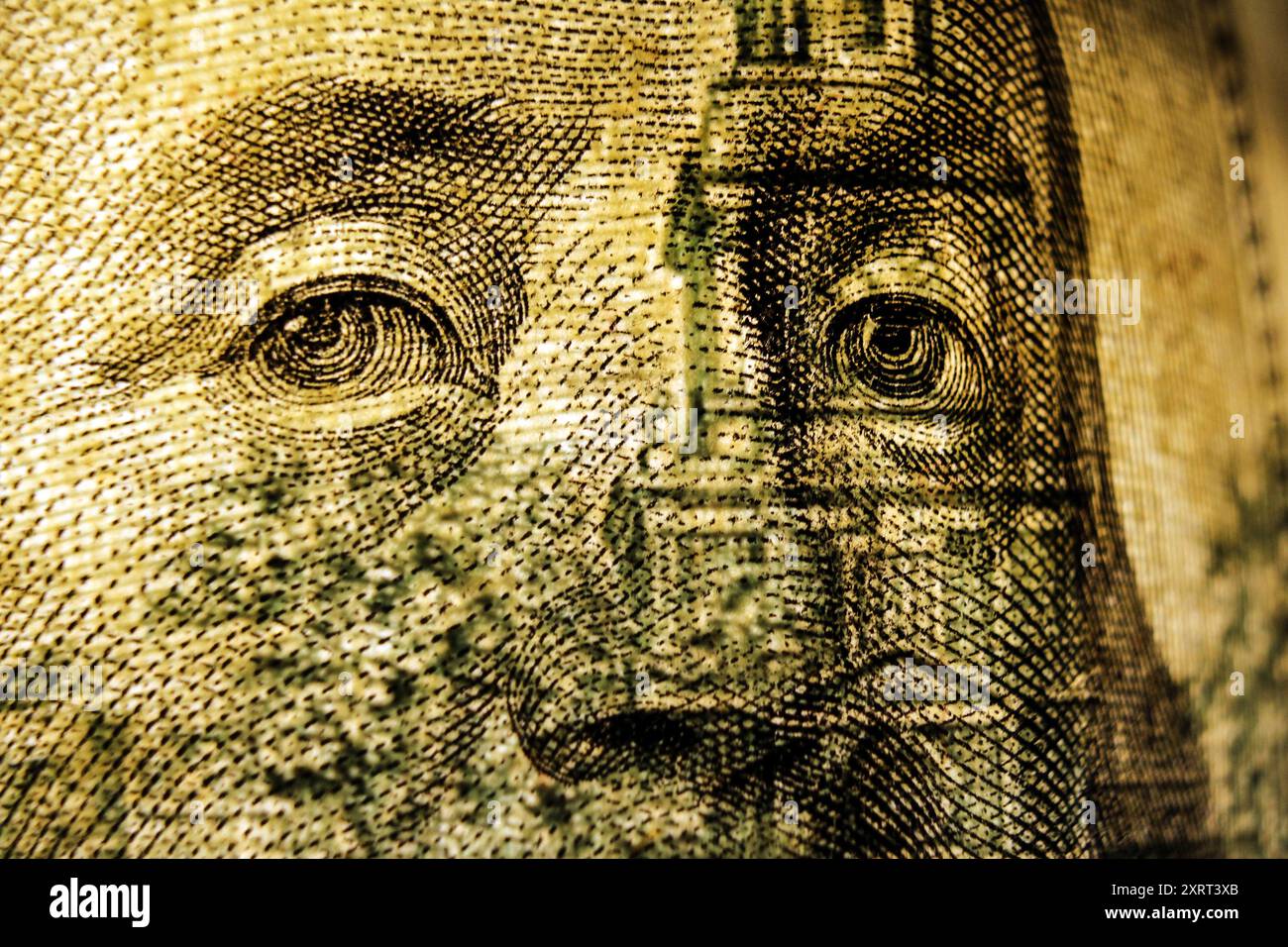 Benjamin Franklin face d'un billet de cent dollars, macro, gros plan Banque D'Images