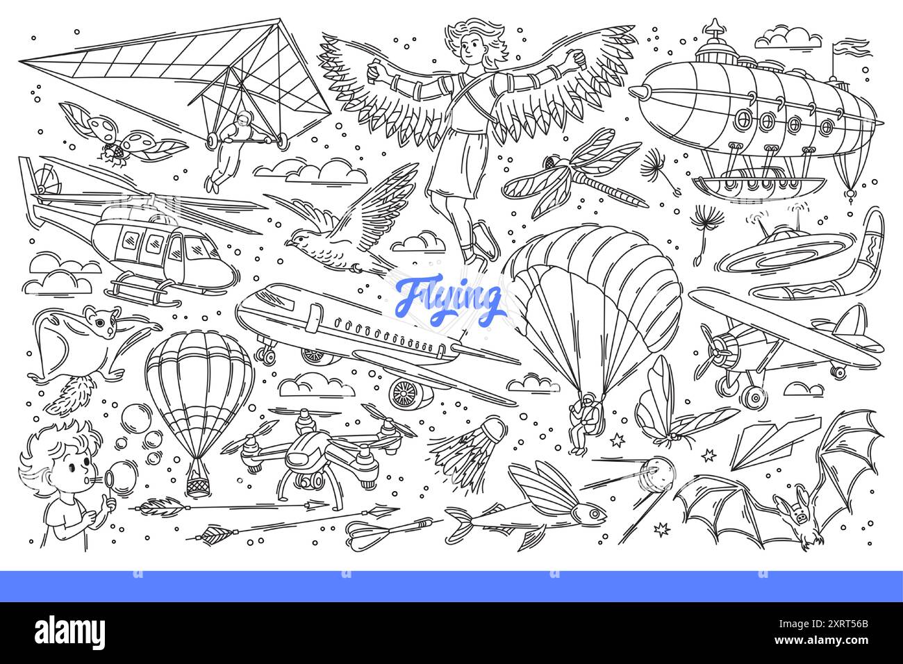 Fond volant avec des avions et hélicoptère ou deltaplane se déplaçant dans le ciel, près de chauve-souris ou quadcopter. Éléments volants symbolisant la liberté et la disponibilité pour les voyages et les longs vols. Gribouille dessinée à la main Illustration de Vecteur