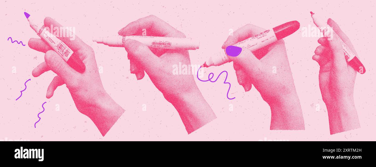 Jeu de mains tenant le marqueur. Effet stipple photocopie. Collage contemporain pour modèle de conception Illustration de Vecteur