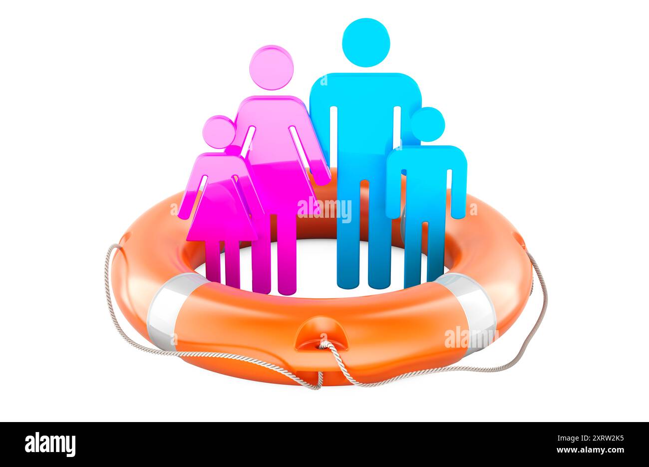 Silhouettes familiales à l'intérieur de la ceinture de sauvetage. Concept de protection ou d'assurance médicale. Rendu 3D isolé sur fond blanc Banque D'Images