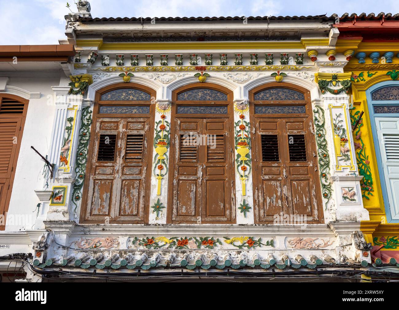 Boutiques patrimoniales décorées, État de Melaka, Malacca, Malaisie Banque D'Images