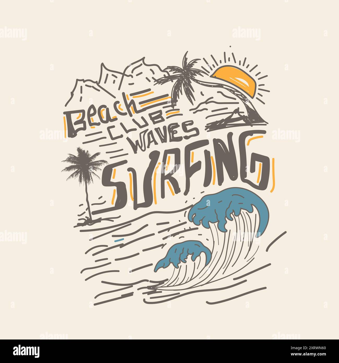 Beach club vagues surf typographie été plage dessinée à la main Illustration de Vecteur