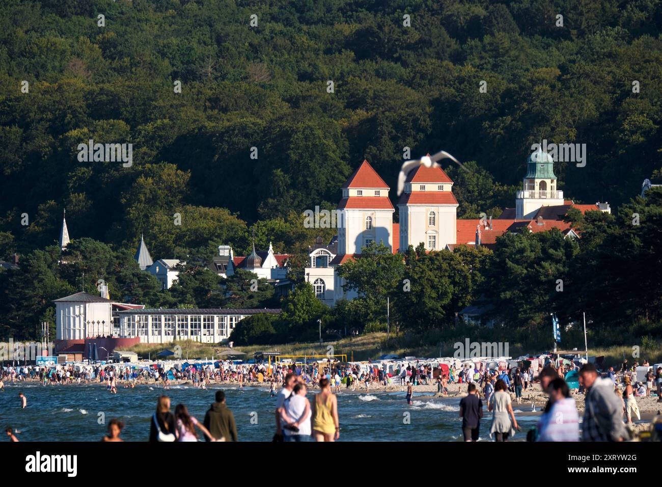 12.08.2024 AM Strand von Binz auf der Insel Rügen in Mecklenburg-Vorpommern herrscht reges Treiben. Der Ort ist das größte Seebad auf der Insel. Binz ist das größte Seebad auf der Insel Rügen. Die Gemeinde gehört zum Landkreis Vorpommern-Rügen in Mecklenburg-Vorpommern. DAS Ostseebad trägt seinen Titel seit 1885 und ist Anziehungspunkt und Urlaubsort für Alle, die Natur, Strand und Entspannung lieben. Binz Ostsee Mecklenburg-Vorpommern Deutschland *** 12 08 2024 la plage de Binz sur l'île de Rügen en Mecklenburg-Vorpommern est une ruche d'activité la ville est la plus grande station balnéaire sur le th Banque D'Images