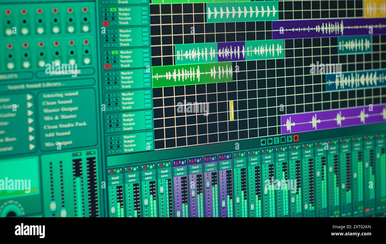 Espace vide utilisé pour enregistrer de la musique sur des outils électroniques dans le home studio, mixer et mastering des pistes avec un équipement moderne. Création de morceaux avec la table d'harmonie et la console de performance. Banque D'Images