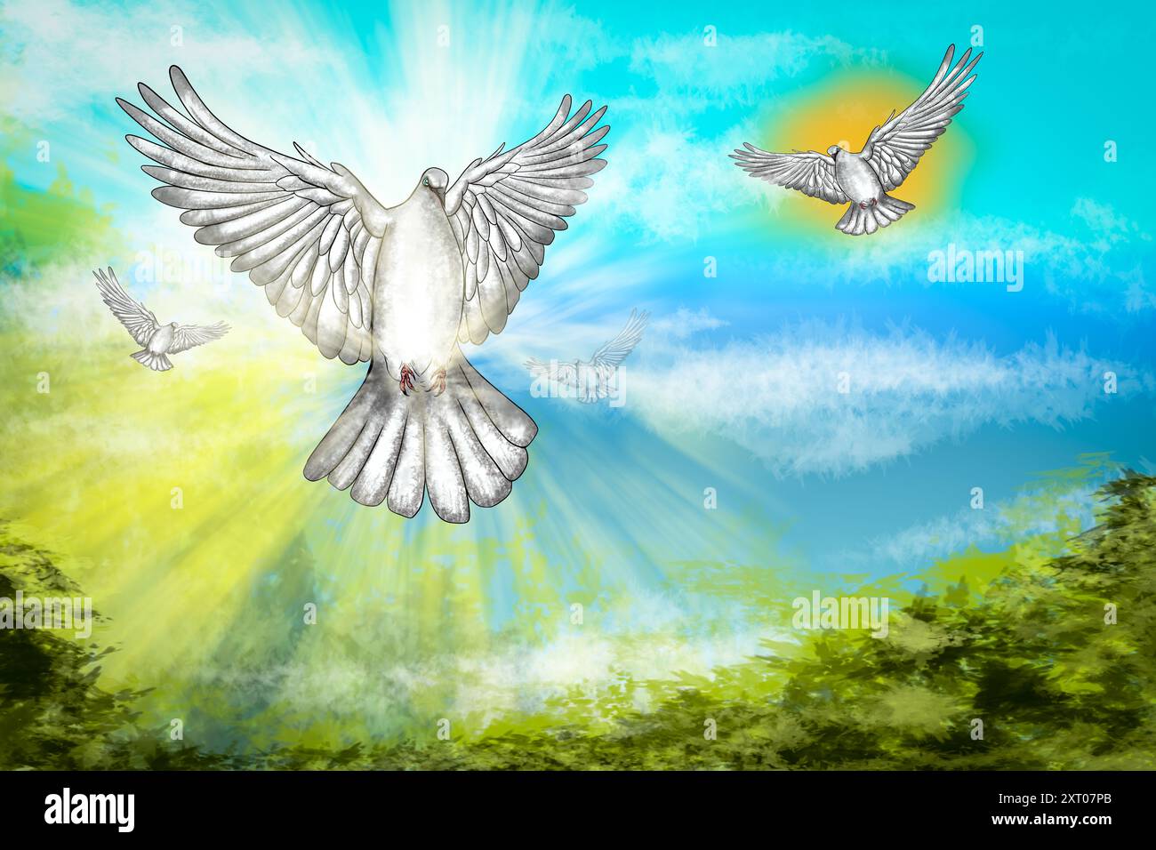 Colombe blanche volant dans un ciel coloré, représentant l'espoir et la paix Banque D'Images