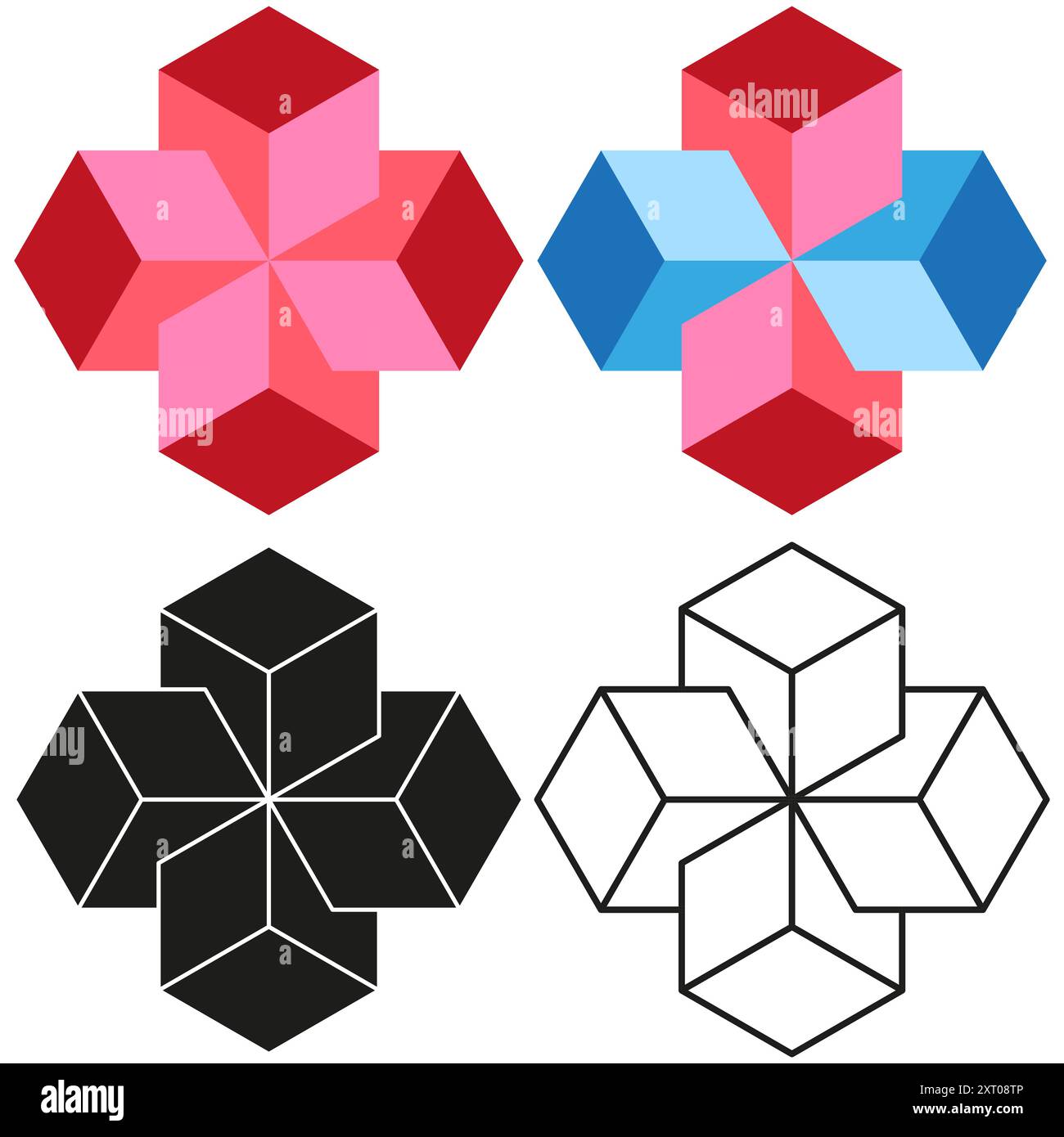 Ensemble d'icônes de fleurs géométriques. Quatre conceptions de cube différentes. Illustration vectorielle abstraite. Illustration de Vecteur