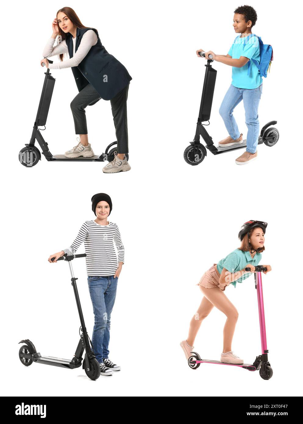 Ensemble de personnes avec des scooters électriques de coup de pied sur fond blanc Banque D'Images