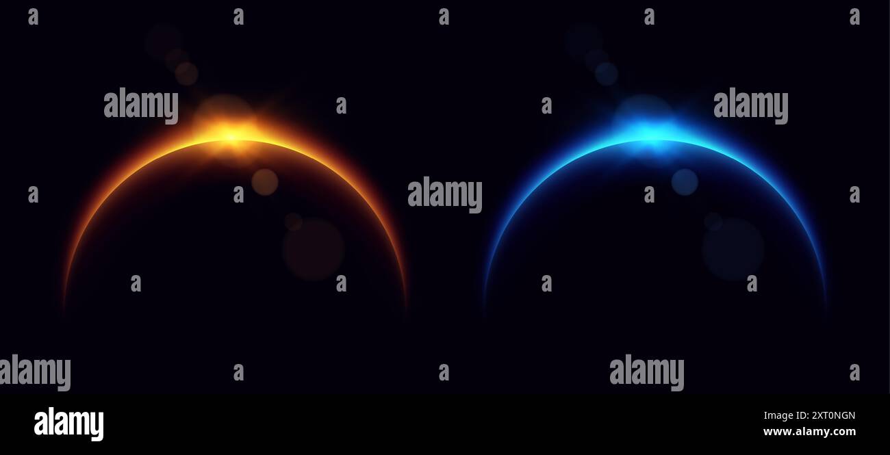 Planète éclipse, lumière brillante à l'horizon, lever du soleil sur le globe. Arête planétaire en croissant. Illustration de Vecteur