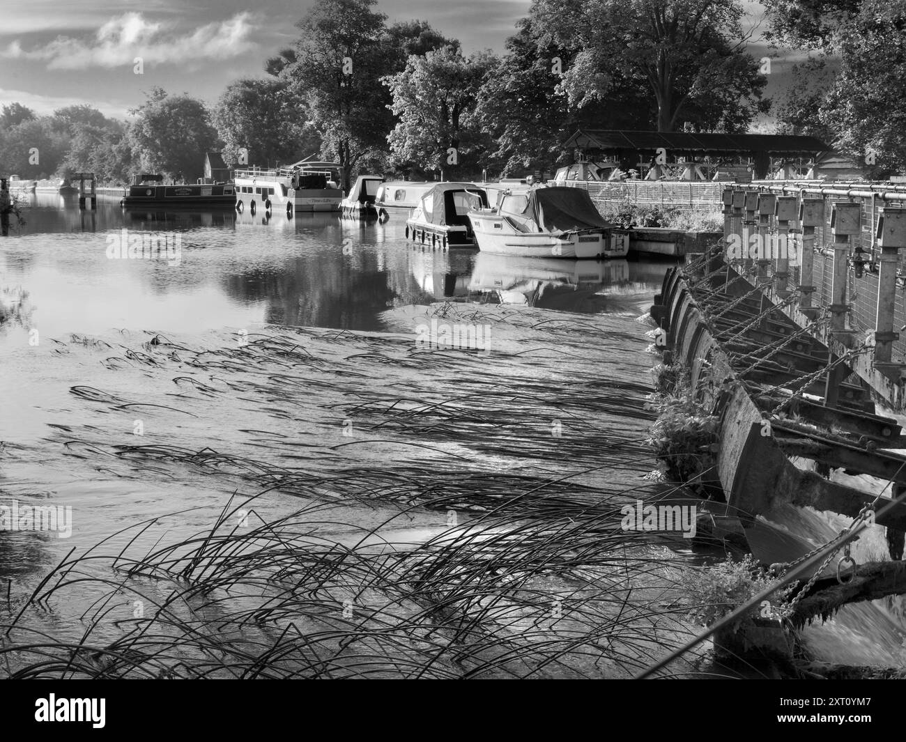 Abingdon-on-Thames prétend être la plus ancienne ville d'Angleterre. Et la Tamise traverse son cœur. Ici, nous avons son barrage, juste en amont de son pont médiéval, obstrué au point de rencontre de la rivière avec l'affluent Abbey Spring. Ce déversoir jouxte l'écluse d'Abingdon. Banque D'Images