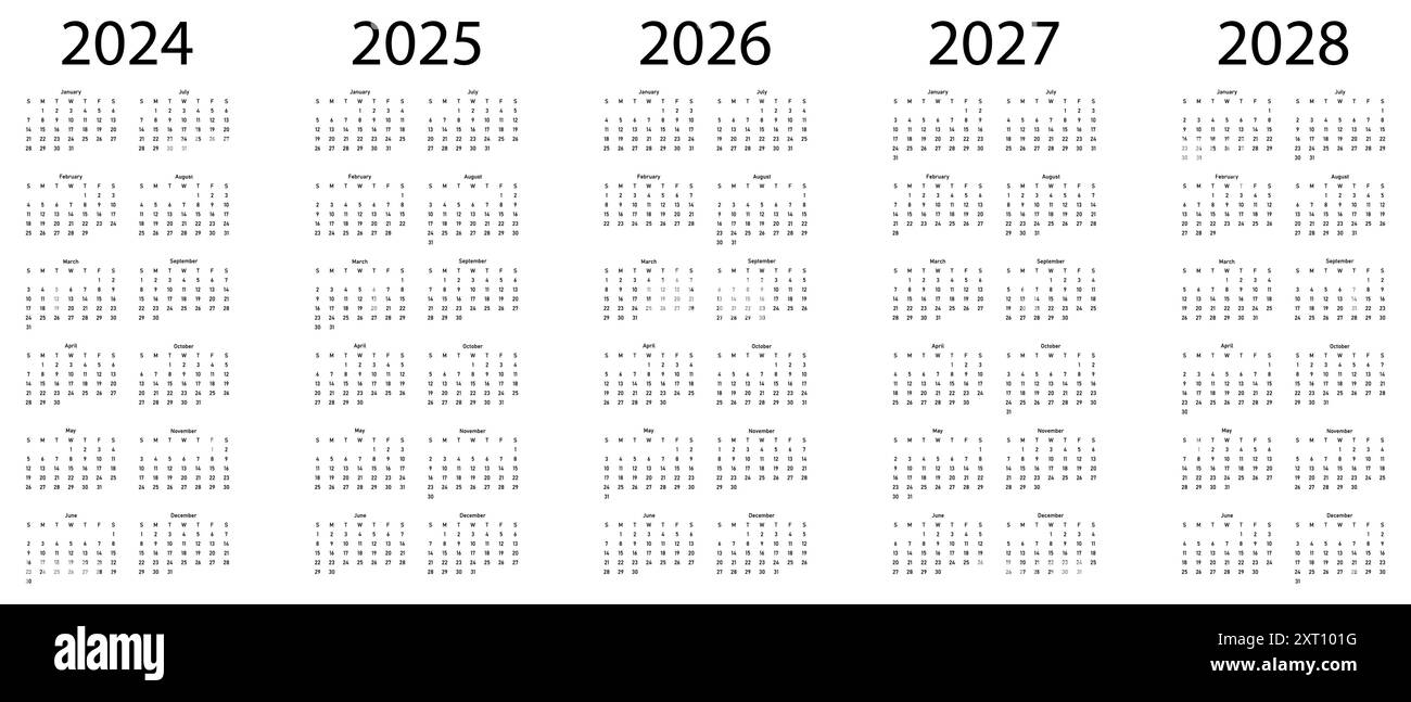 Calendriers pour l'année 2024 2025 2026 2027 2028. La semaine commence le dimanche. Illustration vectorielle sur fond blanc Illustration de Vecteur