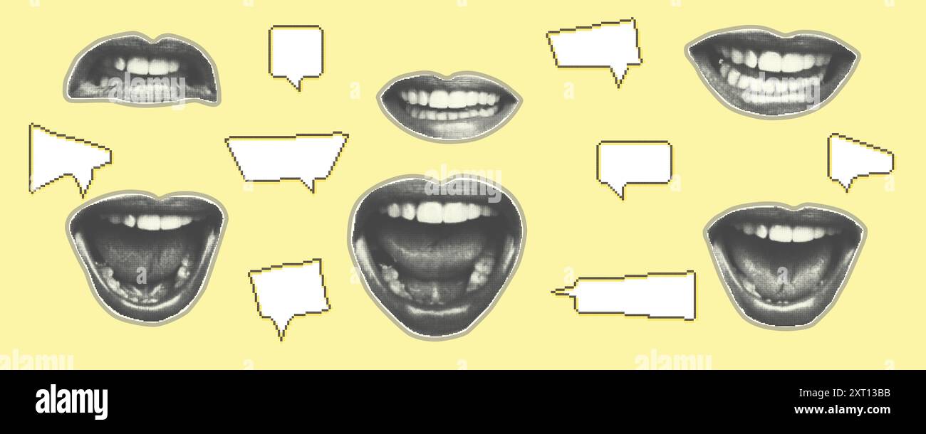 Ensemble d'yeux, lèvres, oreille dans le style demi-ton. Le magazine rétro découpait des coupures de presse. Punk y2k collage Eléments autocollants isolés. Bouche et langue sur jaune Illustration de Vecteur