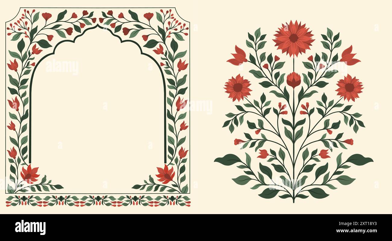 Ornement floral décoratif moghol. Vintage complexe style traditionnel moghol avec fleurs et feuillage. Illustration de Vecteur