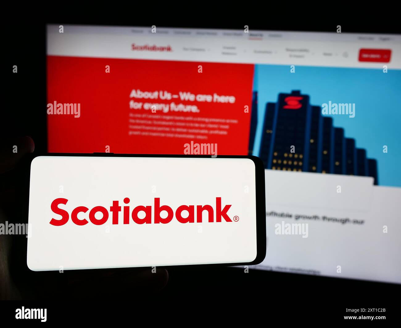Personne tenant un téléphone intelligent avec le logo de la société financière Bank of Nova Scotia (Scotiabank) devant le site Web. Concentrez-vous sur l'affichage du téléphone. Banque D'Images Personne tenant un téléphone intelligent avec le logo de la société financière Bank of Nova Scotia (Scotiabank) devant le site Web. Concentrez-vous sur l'affichage du téléphone. Banque D'Images