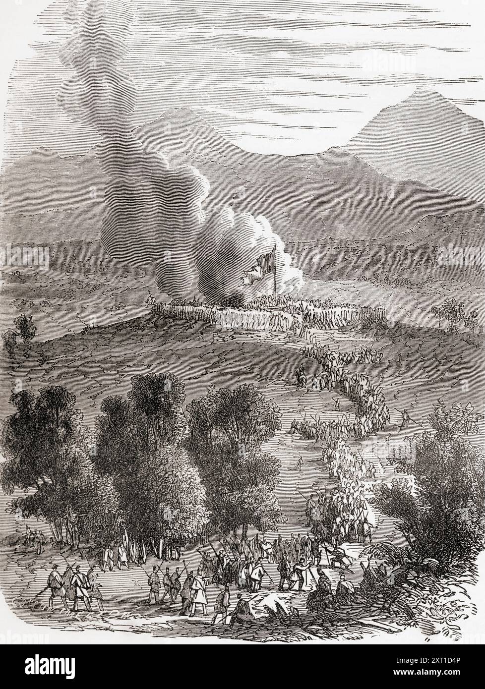 Les troupes britanniques prennent d'assaut une hap néo-zélandaise lors de la bataille de Ōrākau, 1864. Extrait de Cassell's Illustrated History of England, publié vers 1880. Banque D'Images