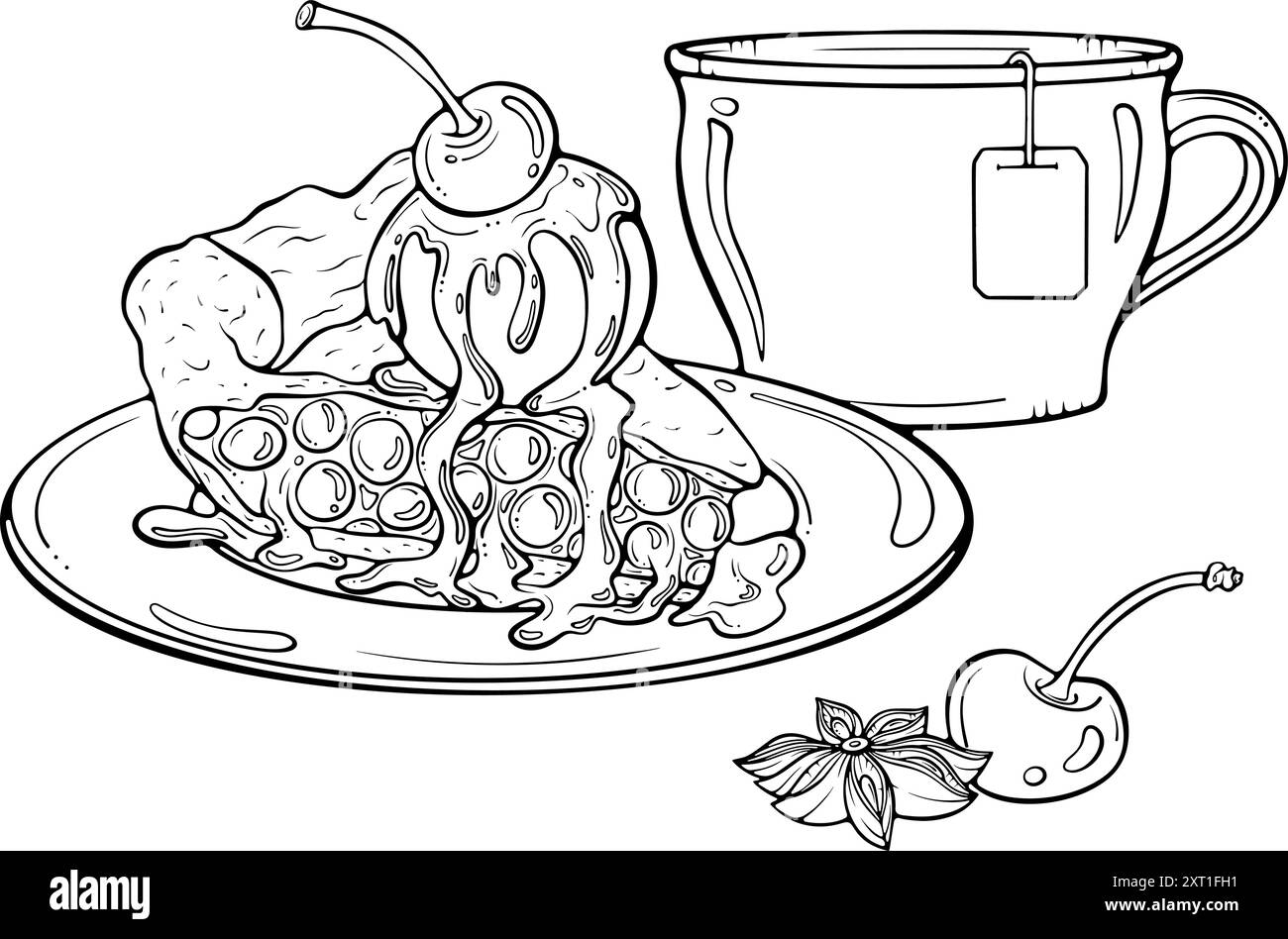 Morceau de gâteau avec une tasse d'art de ligne de thé Illustration de Vecteur
