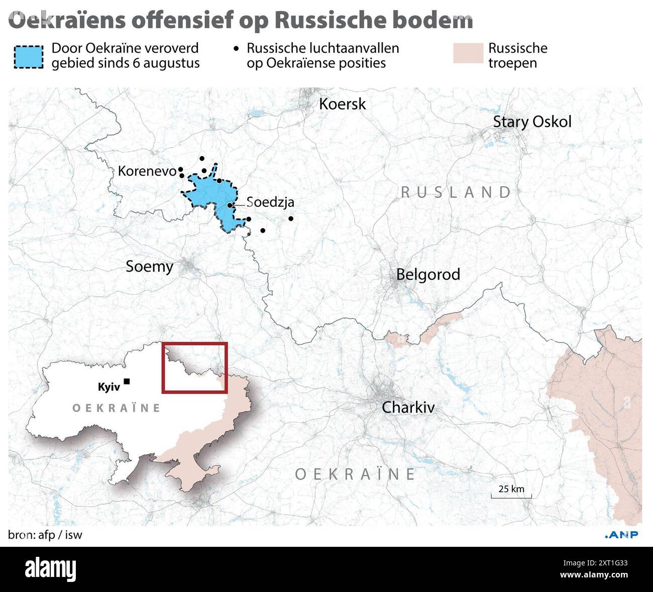 Offensive ukrainienne sur le sol russe, à partir du 13 août. Carte de la zone frontalière de la région de Koursk. ANP INFOGRAPHICS pays-bas Out - belgique Out Banque D'Images