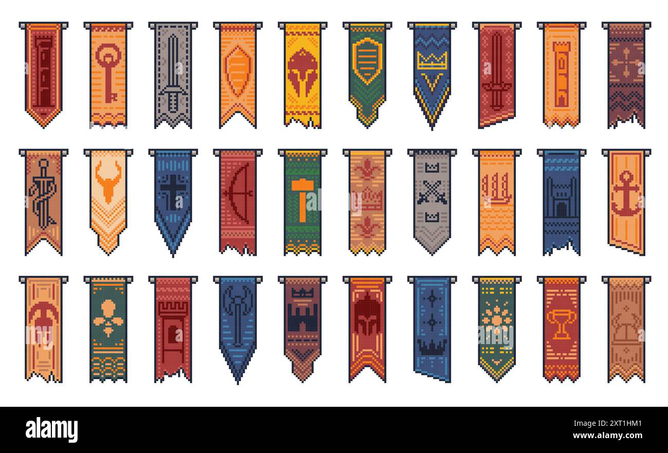 8 bits pixel art jeux drapeaux médiévaux, bannières et fanions héraldiques chevalier, héraldique héraldique. Drapeaux héraldiques royaux avec armoiries et écusson représentant des épées croisées sur le bouclier, la clé et la couronne Illustration de Vecteur
