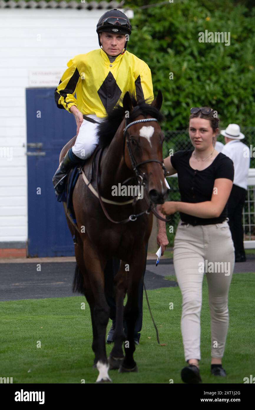 Windsor, Berkshire, Royaume-Uni. 12 août 2024. Les coureurs des Fitzdares félicitent Laura Collett & London 52 handicap Stakes (Class 6) au Royal Windsor Racecourse à Windsor, Berkshire, au Vegas Racenight. La course a été remportée par Horse KINETIC monté par le jockey Callum Shepherd. Propriétaire GTS Racing, Trainr James Owen, Newmarket, éleveur Lynn Lodge Stud Crédit : Maureen McLean/Alamy Live News Banque D'Images