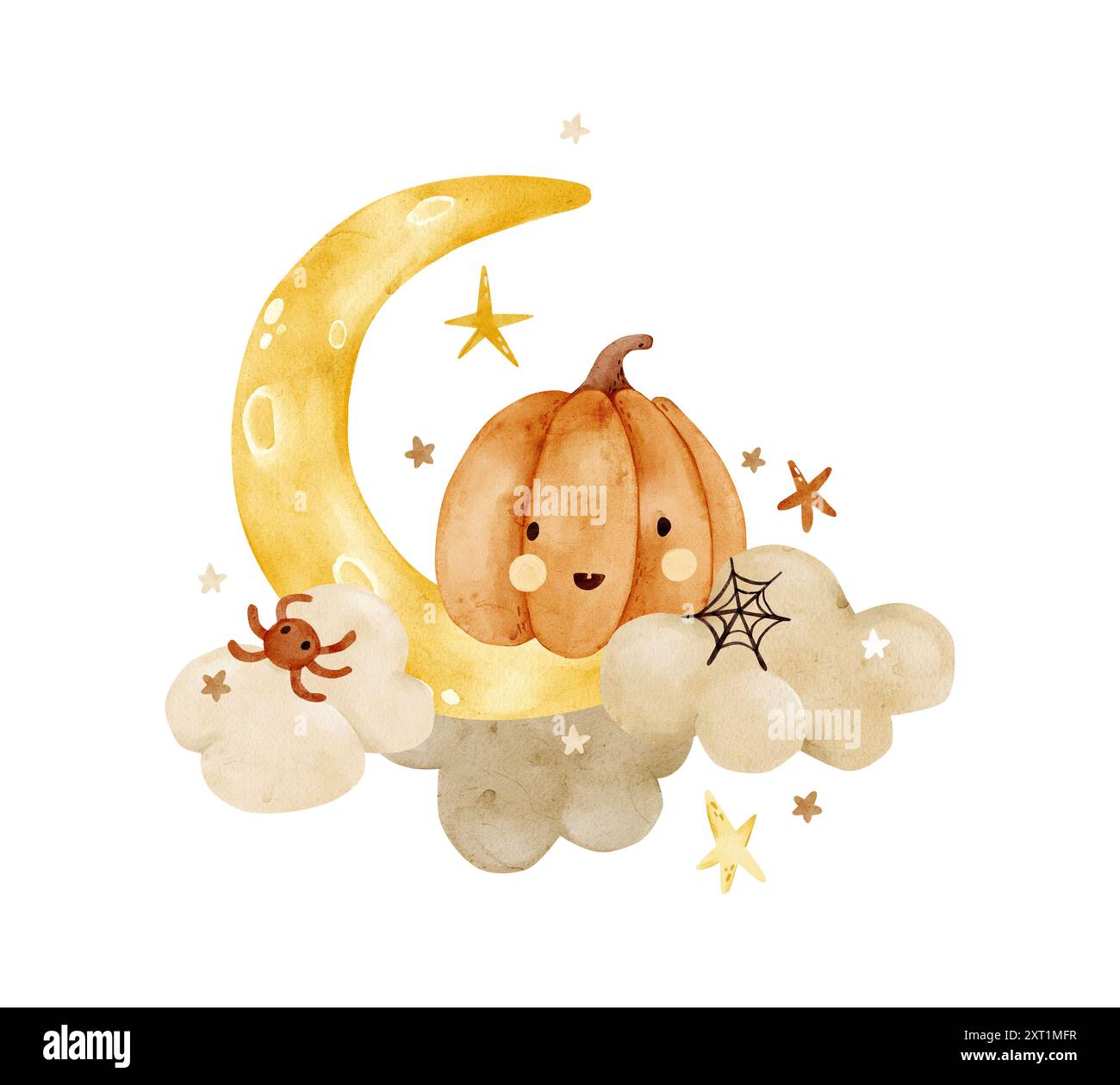 Une jolie citrouille avec une araignée dans les nuages avec une lune parmi les étoiles. Illustration aquarelle pour Happy Halloween. Clipart pour cartes, salutations, inv Banque D'Images