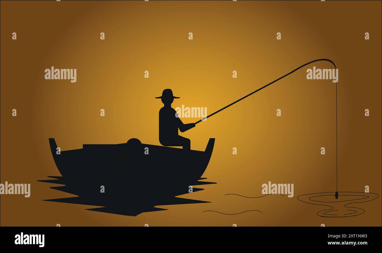 Silhouette d'un pêcheur dans un bateau au lever du soleil Illustration de Vecteur