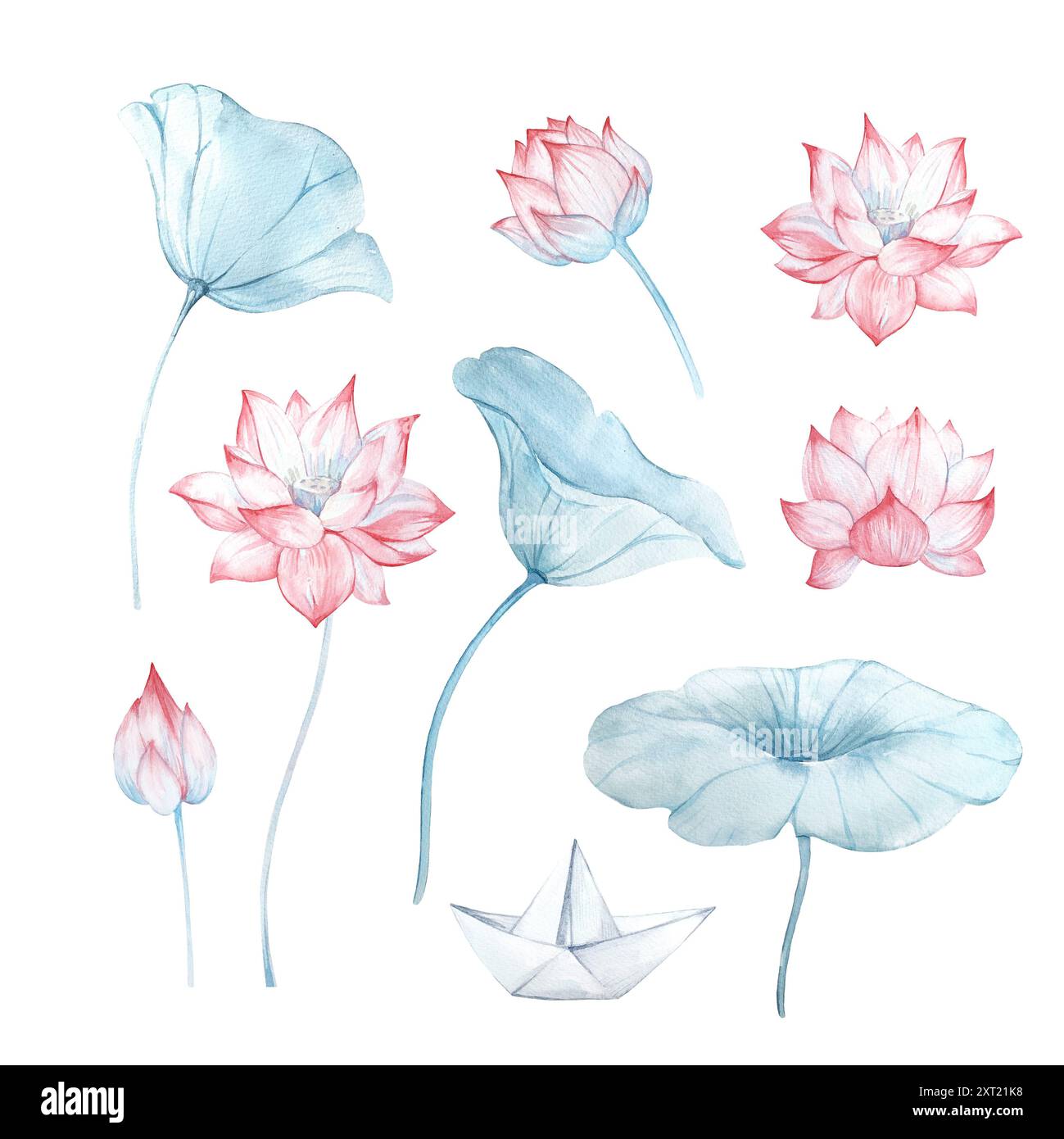 Ensemble de fleurs de Lotus. Bourgeons, feuilles et papier bateau illustration aquarelle dessinée à la main isolé sur fond blanc. Éléments pour la conception de salon de spa, mariage Banque D'Images