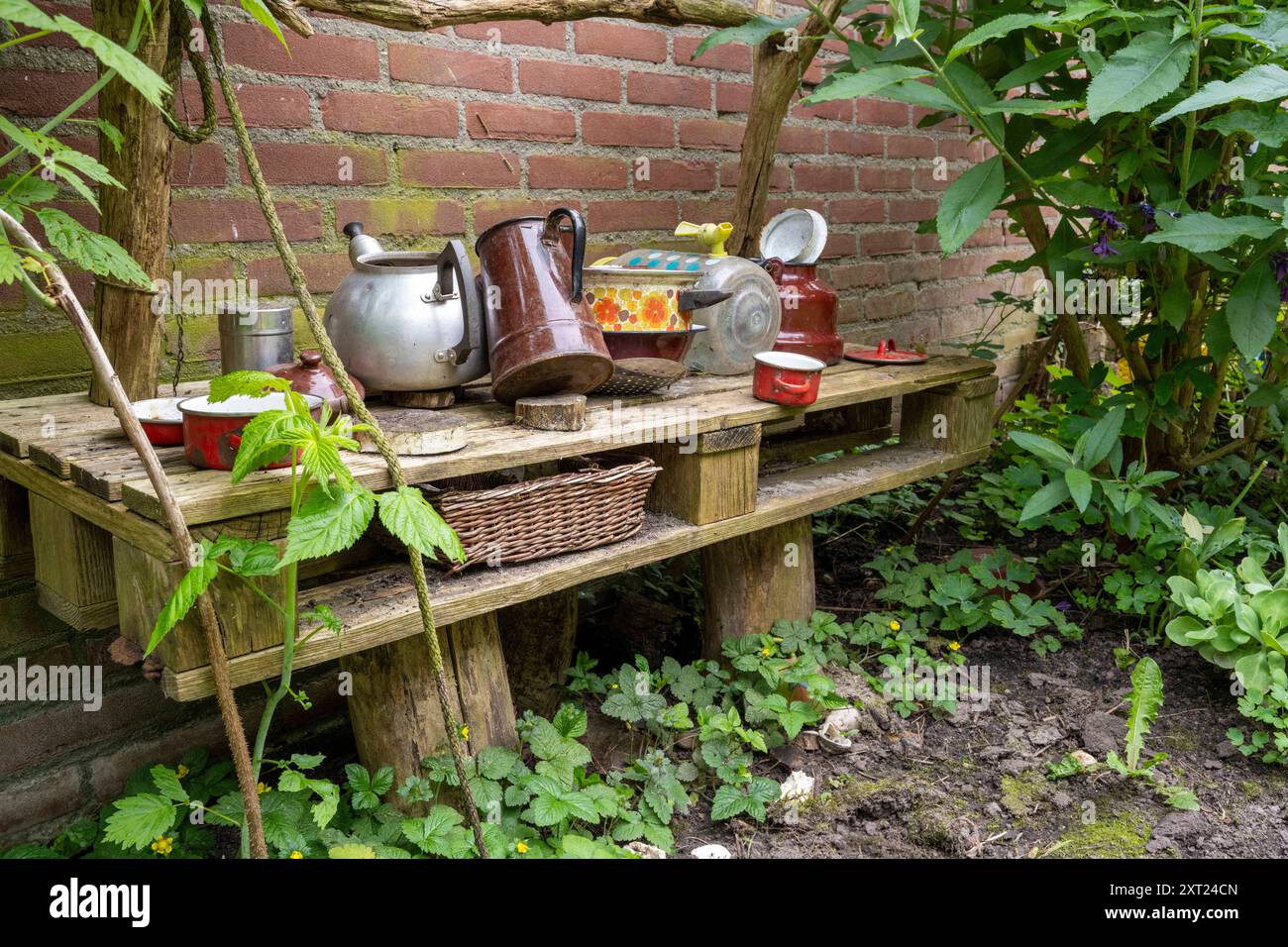 Outils de jardinage vintage, théières, et un panier en osier exposés sur un vieux banc en bois entouré de verdure luxuriante. Panc06158 Copyright : xConnectxImag Banque D'Images