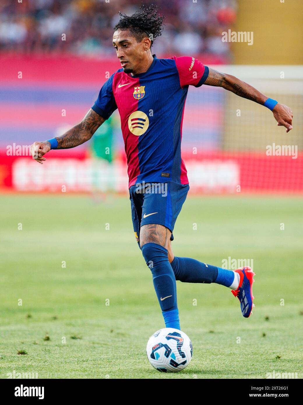 Barcelone, Espagne. 12 août 2024. Raphinha en action lors du match du Trophée Joan Gamper entre le FC Barcelone et L'AS Monaco aux Estadi Olimpic Lluis Companys à Barcelone, Espagne. Crédit : Christian Bertrand/Alamy Live News Banque D'Images