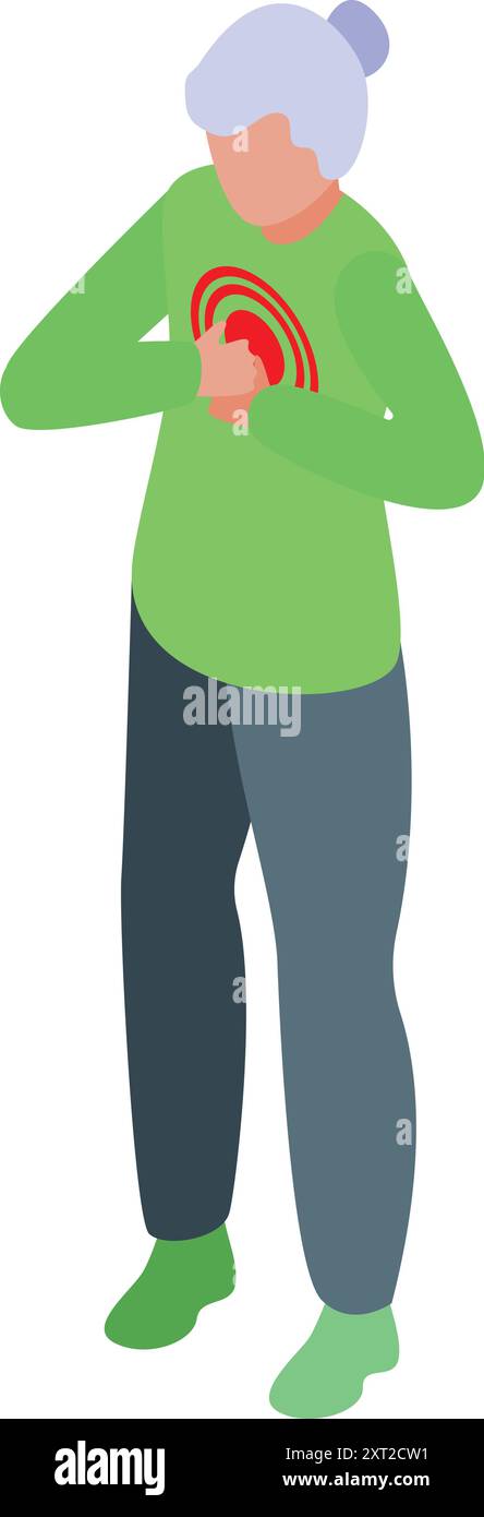 Une femme âgée serre sa poitrine dans la douleur, suggérant une possible crise cardiaque ou autre urgence médicale Illustration de Vecteur