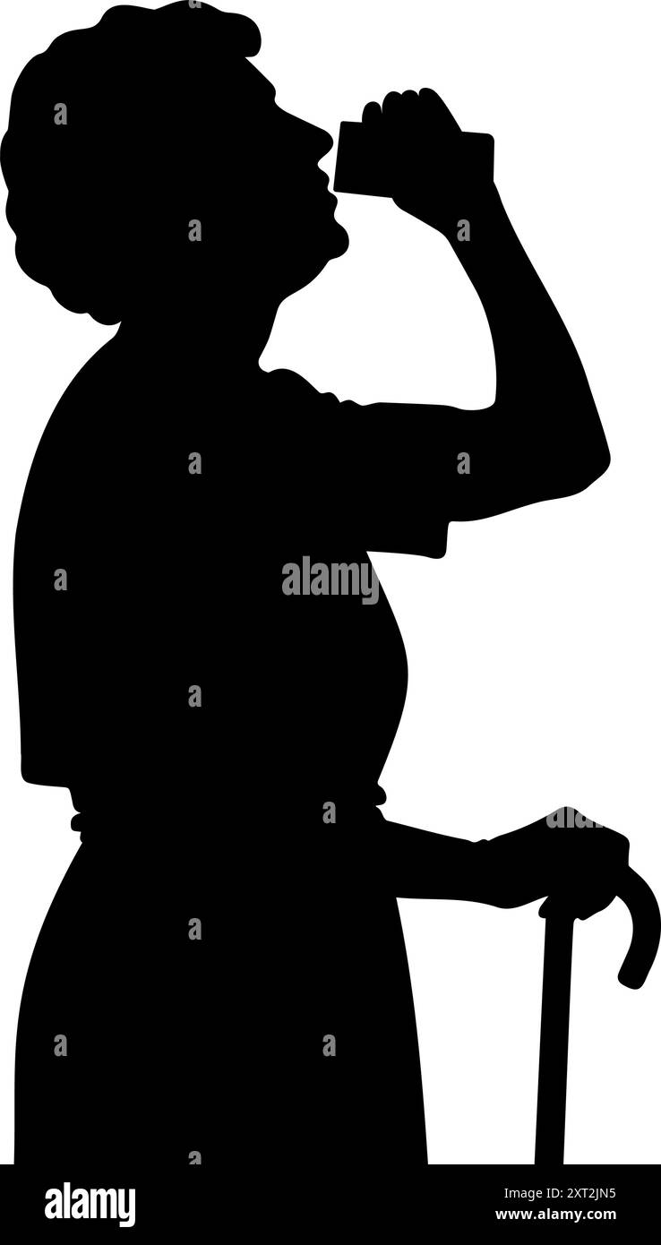 Silhouette d'une femme âgée buvant un verre d'eau. illustration vectorielle Illustration de Vecteur