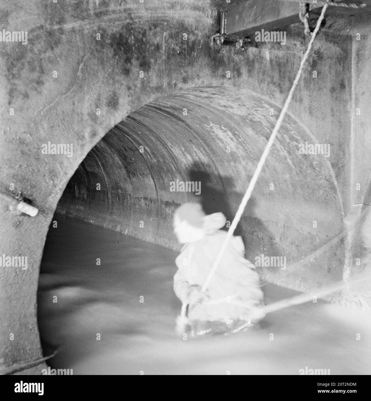 Courant 1951 : errant sous les rues. Dans le système d'égouts d'Oslo. De la ligne d'égout principale sous la porte de Kongens. Le courant est plutôt rugueux ici et le fond est glissant, donc l'homme qui est dehors pataugeoire doit tenir deux cordes pour ne pas glisser. L'eau n'a pas l'air si mauvais, parce que tous les polluants sont au fond, et l'odeur n'est pas si rebutant non plus. Photo : Arne Kjus / Aktuell / NTB ***la photo n'est pas traitée*** le texte de cette image est traduit automatiquement le texte de cette image est traduit automatiquement Banque D'Images