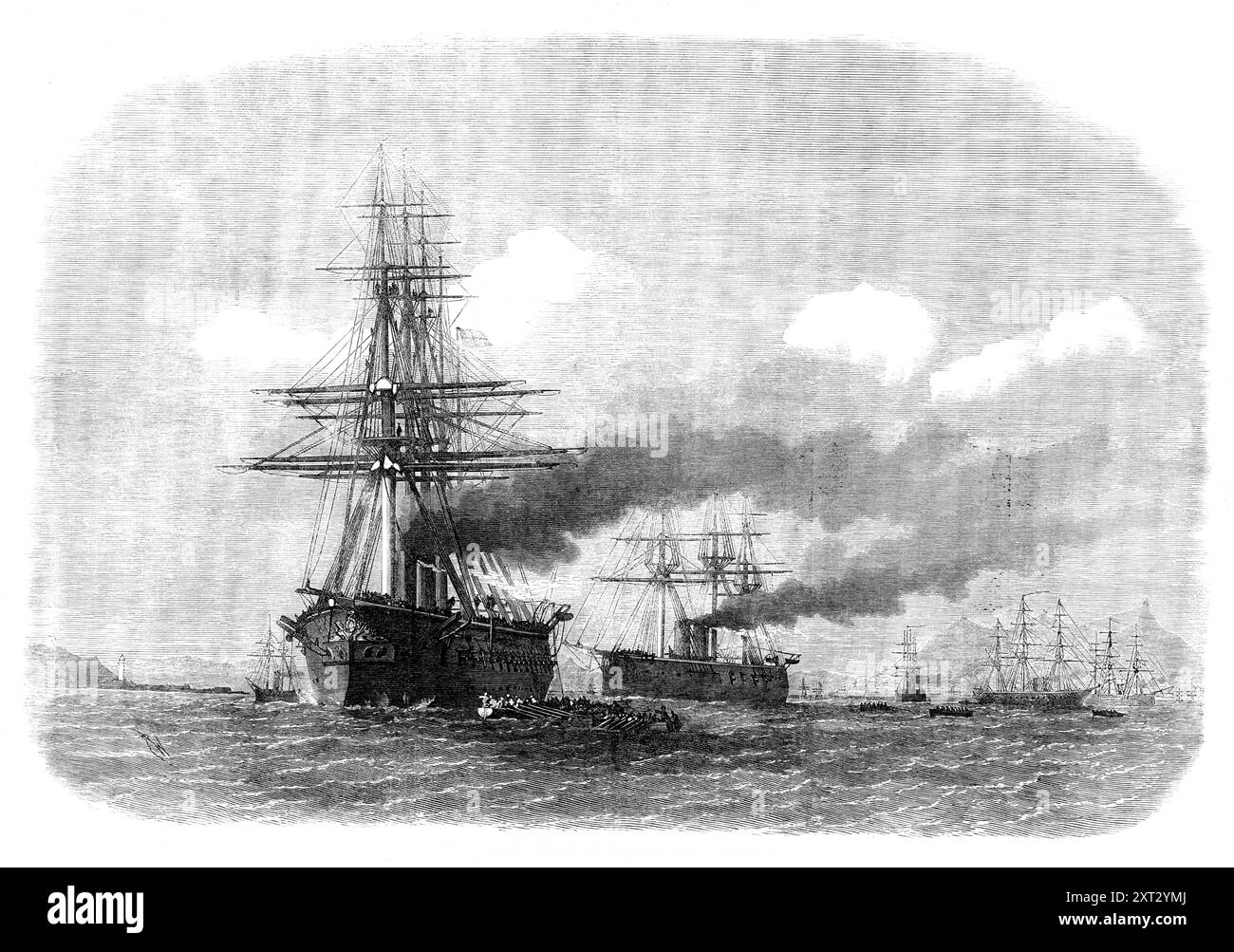 H.M.S. Agincourt échoue sur le Pearl Rock, Gibraltar Bay, 1871. Gravure d'un croquis par un témoin oculaire montrant «...l'Agincourt, situé sous les collines de la côte espagnole, à gauche, près du phare...le Rocher de Gibraltar, avec la ville et le port, est à droite; au centre de l'arrière-plan se trouve la colline appelée "la chaire de la Reine d'Espagne". Le Hercule, avec le pigeon et les lancers en présence, est près de l'Agincourt, se préparant à prêter assistance. Le guerrier apparaît au centre de cette vue ; le Northumberland et le monarque sont à droite ; le Stre Banque D'Images