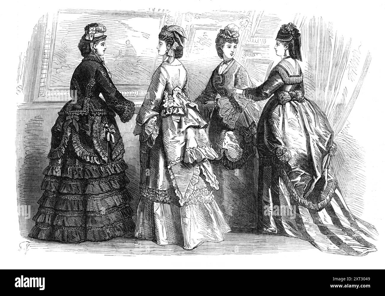 Paris mode pour mai 1870. «1. Robe de marche. Toilette...in volaille de soie couleur cerise, garnie de cinq volants et d'étroites bandes de velours...la tunique est bordée d'une petite ruche et d'une étroite bande de velours...la veste ou paletot est garnie d'une ruche surmontée d'une bande de velours...les manches sont en forme de cloche...le bonnet est le chapeau Montespan, fabriqué en paille très fine, bordé de ruban et d'une ruche de dentelle. Un arc est porté sur le côté droit... et au sommet se trouve un bouquet de petites plumes d'autruche attachées par un voile de dentelle...2. Toilette matinale... la jupe est taillée au botto Banque D'Images