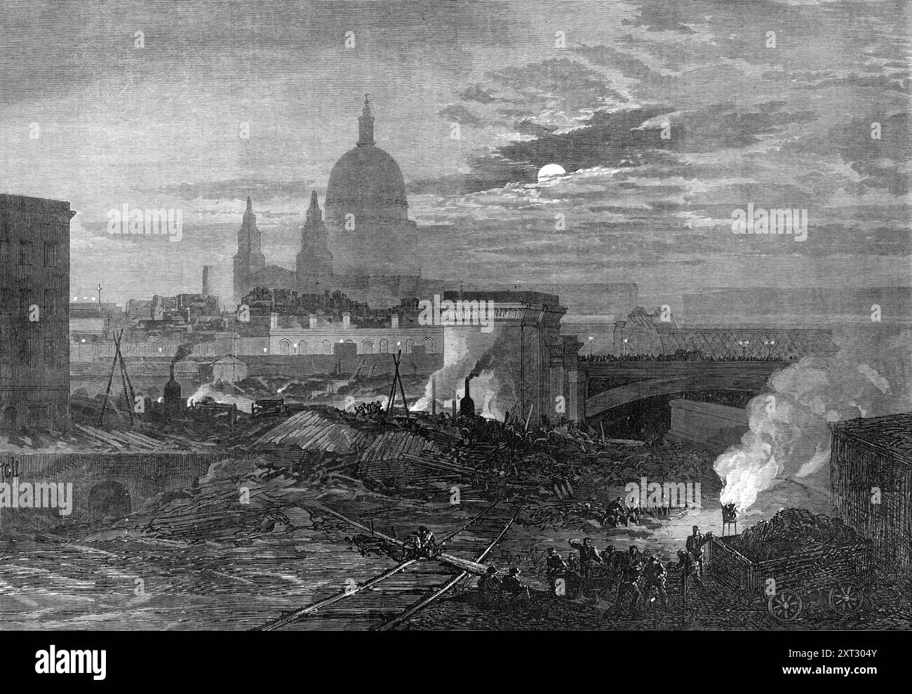 Le Blackfriars Bridge End of the Thames Embankment, [Londres], 1870. '...un espace d'environ huit acres a été récupéré de la boue et de la boue de la rivière. Plus de 100 000 tonnes de terre ou de déchets, et de grandes quantités de pierres brisées pour la route, ont été nécessaires... L'entrepreneur est Mr. T. Webster. Une large bande de la nouvelle terre est ajoutée aux jardins du Temple. En dehors de ces jardins se trouve la magnifique nouvelle route de transport le long du quai, avec ses larges trottoirs de pieds de chaque côté ; sous laquelle passe l'égout bas niveau d'une part, et le chemin de fer du district métropolitain d'autre part Banque D'Images
