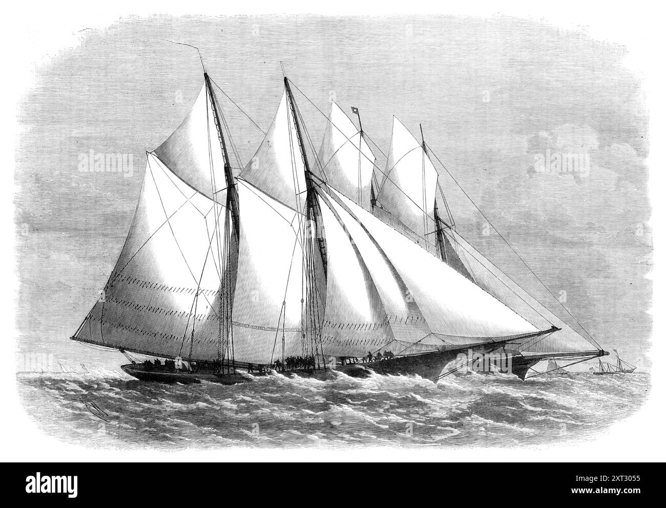 Les courses internationales de yachts : départ de l'extrémité est de l'île de Wight, 1870. 'Le match de championnat, à décider en trois courses entre le yacht britannique Cambria, appartenant à Mr. Ashbury, et le yacht américain Sappho, appartenant à Mr. Douglas, a suscité beaucoup d'attention... trois courses devaient être organisées de manière à tester leur rapidité comparative à battre au vent et à naviguer avec un vent libre, et leur navigabilité dans différentes positions par rapport aux vents et aux vagues... le Sappho est enregistré, selon la règle du Royal Thames Yacht Club, par le R. Y. S., à 394 tonnes, et Banque D'Images