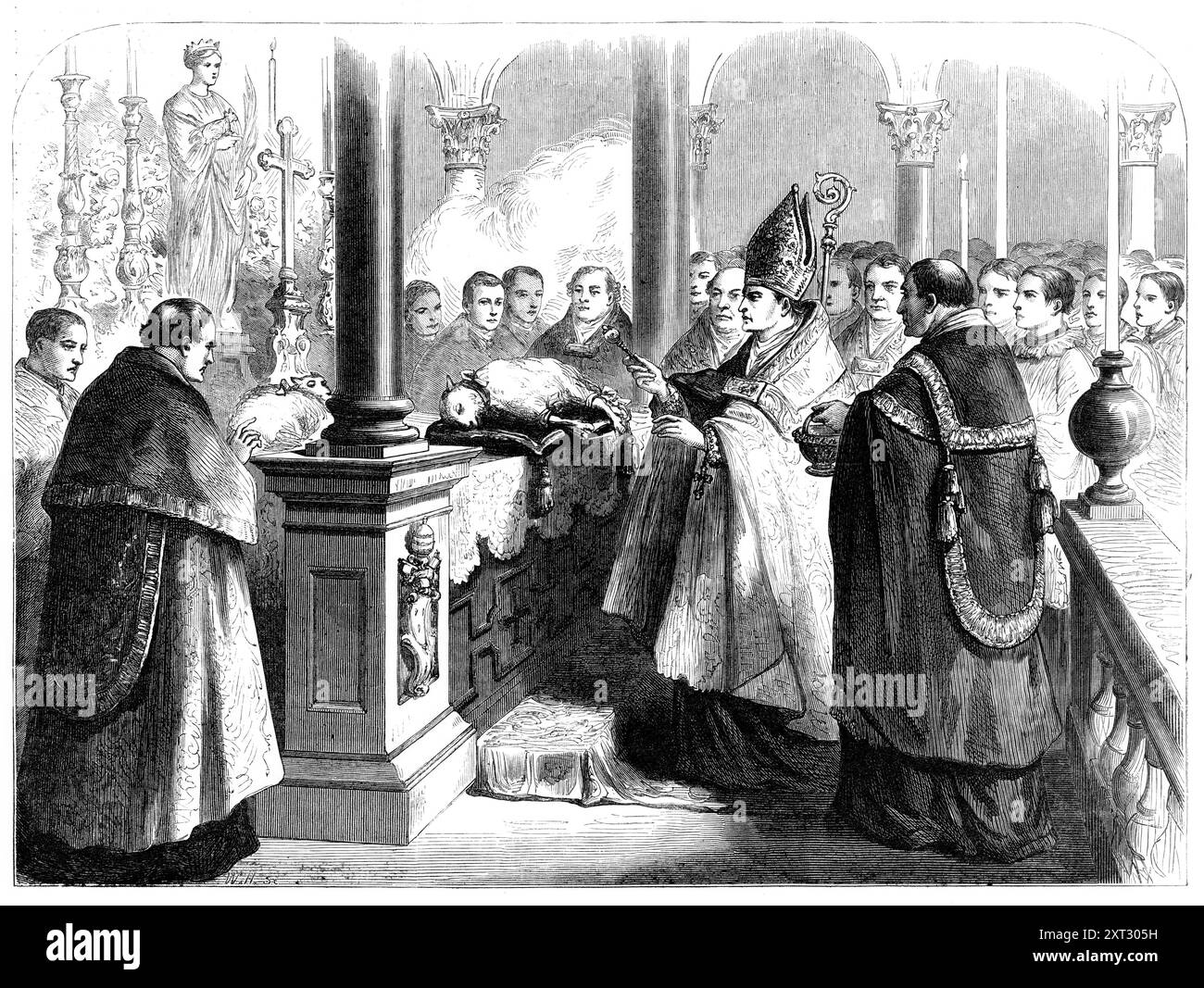 Bénir les agneaux Pascal dans l'église des membres Agnes, Rome, 1870. 'Les deux agneaux Pascal à tuer à Pâques pour la table du Pape sont bénis le jour de la fête d'Agnes, le 21 janvier, dans la basilique ou l'église de accomplies Agnes, en dehors des murs de Rome... notre illustration montre l'exécution de cette cérémonie par le cardinal Barilli [sic] dans l'année en cours. Les animaux, ayant été bandés avec un ruban rouge et placés sur des coussins, ont ainsi été amenés dans l'église et posés sur l'autel. Après la célébration de la grande messe, ils ont été arrosés d'eau bénite, et une sentence formelle de bénédiction était pro Banque D'Images